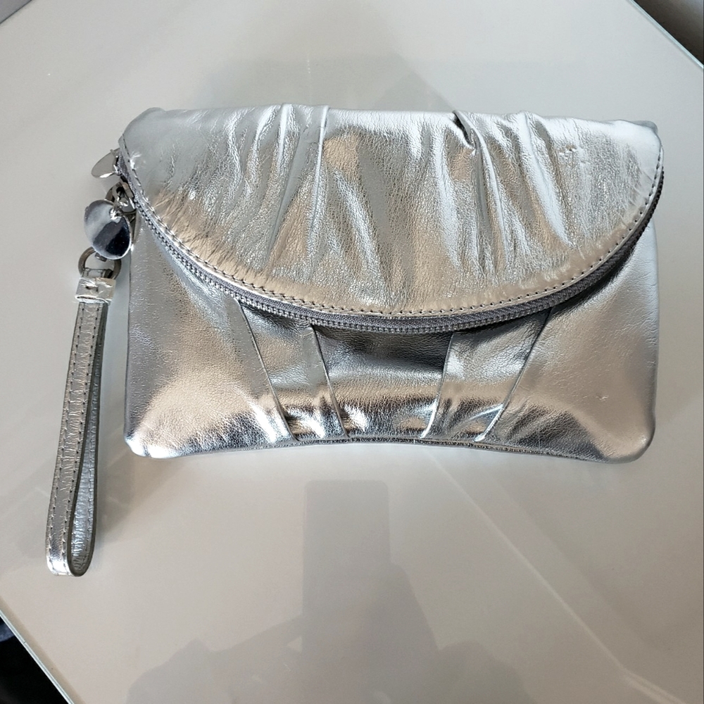 Silver Wristlet Front Pleated Large Zipper Compartment Inside Three Compartment
